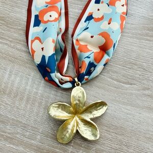 Gold Flower Pendant Scarf Necklace with Floral Print Scarf